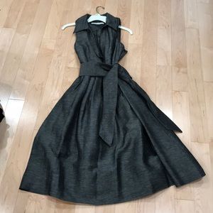 Grey Linen Pleated and Belted Dress